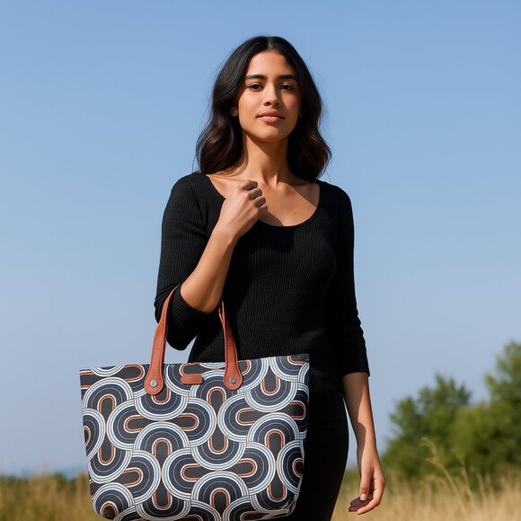 Hand Crafted Fabric Ladies Shoulder Tote Bag in Abstract Print, Top Handle Bag - Picture 2 of 9